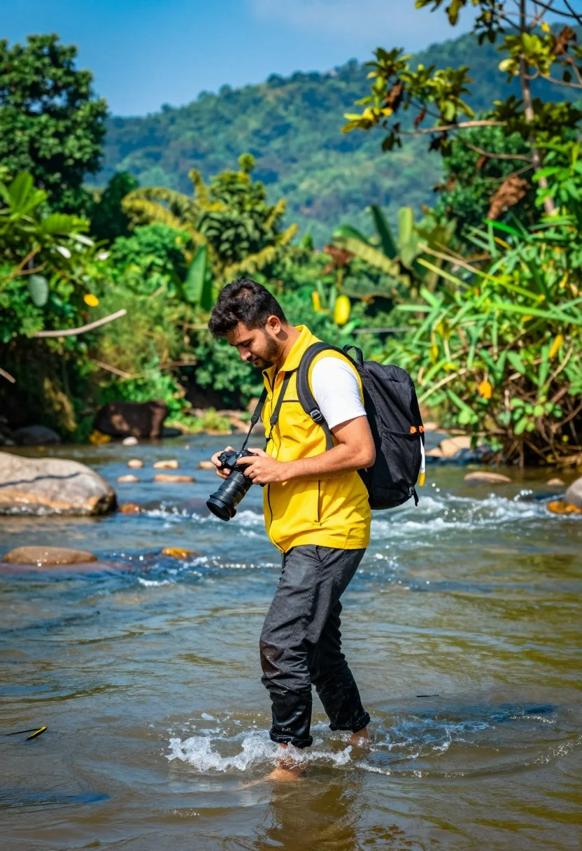 Man Walks Through Shallow River Lush Green Landscape While Holding