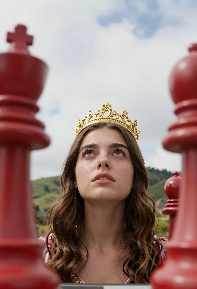 Cinematic Low-angle Shot Young Woman Wearing Ornate Golden Crown And reference photo
