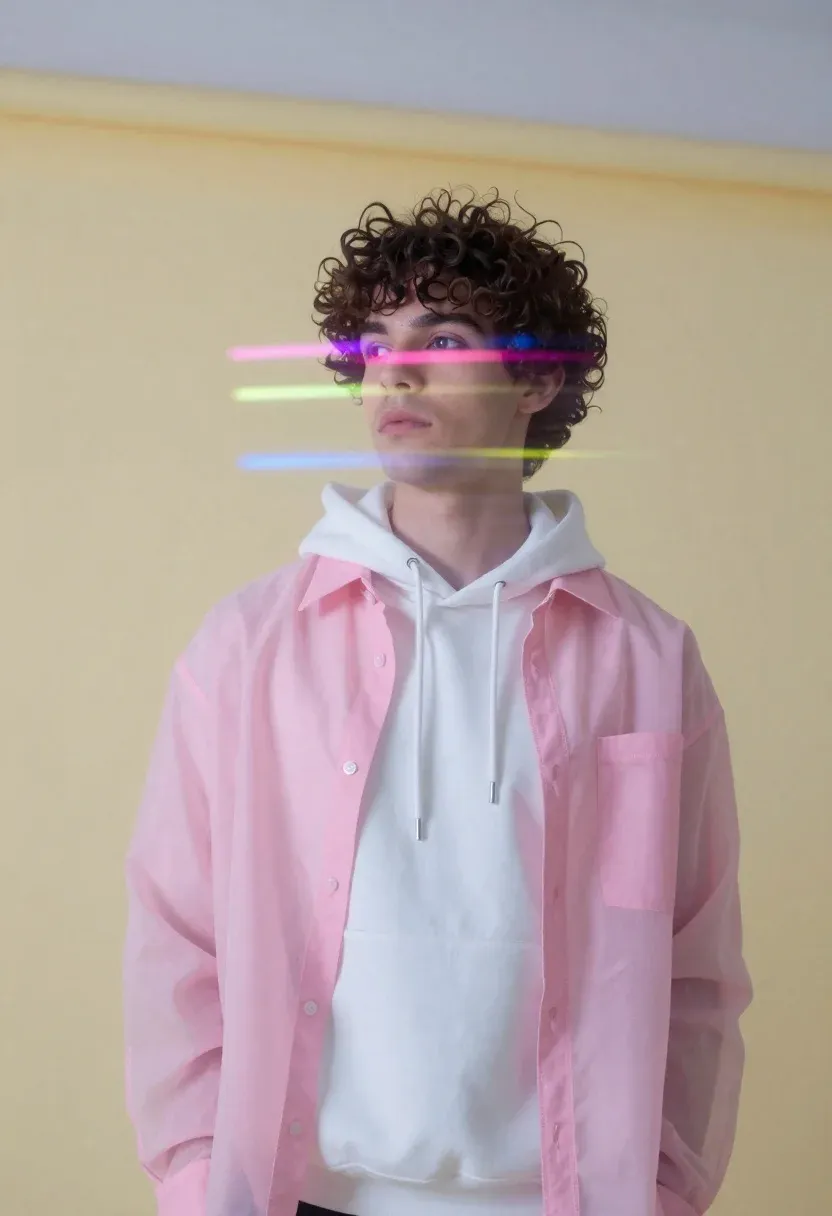 Young Man With Dark Curly Hair Stands Against Soft Yellow