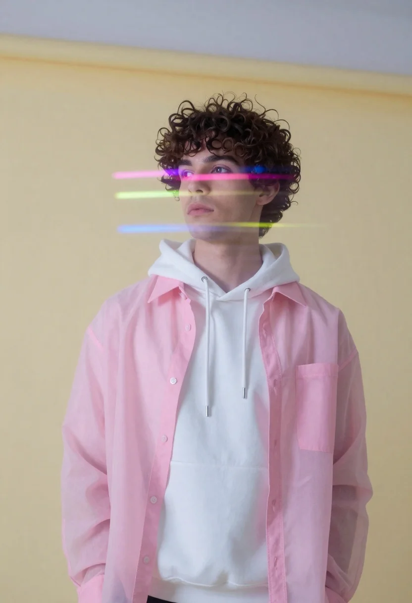 Young man with dark curly hair standing against a soft yellow wall, wearing a white hoodie and sheer pink shirt, with ambient lighting and neon trails.