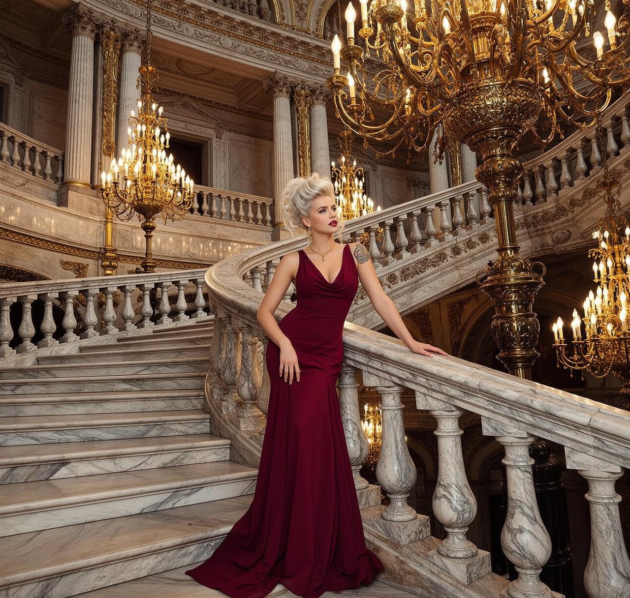 Explore Stands Grand Marble Staircase Her Body