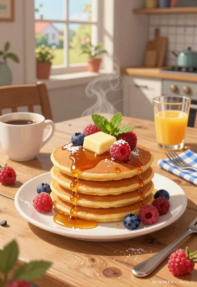 Mouthwatering Stack Fluffy Pancakes Sits The Center Rustic Wooden Breakfast