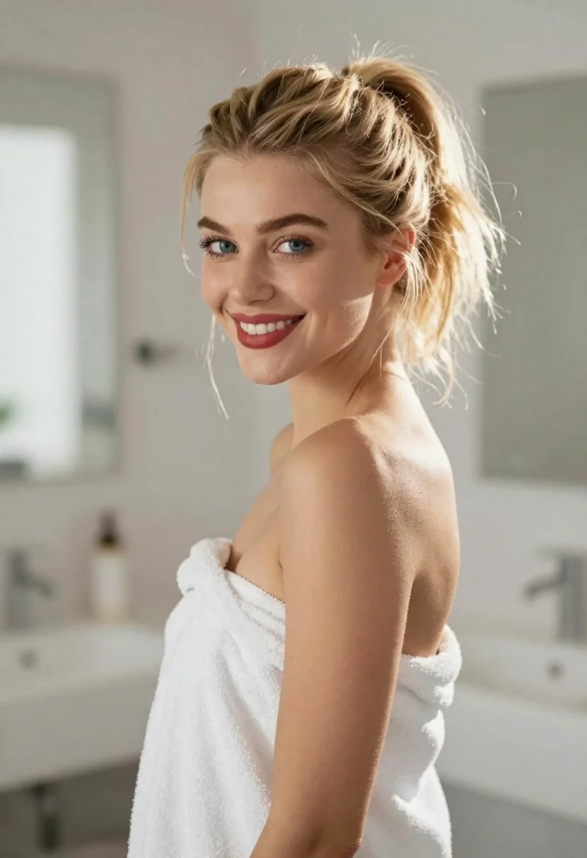 Soft-focus Portrait Smiling Young Woman Wrapped White Bath Towel Standing reference photo