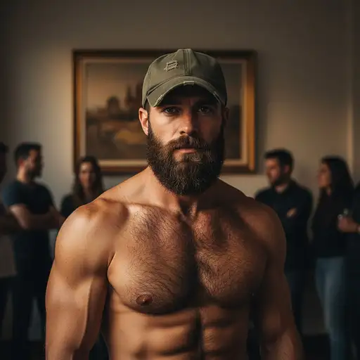 Man With Full Beard And Green Baseball Cap Shirtless With