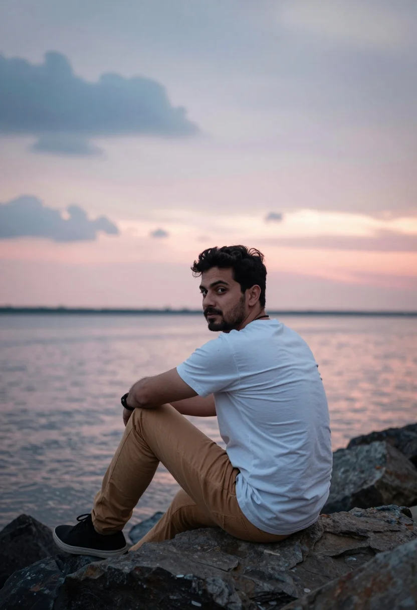 Man Sits Casually Large Rock The Water During Sunset Subject
