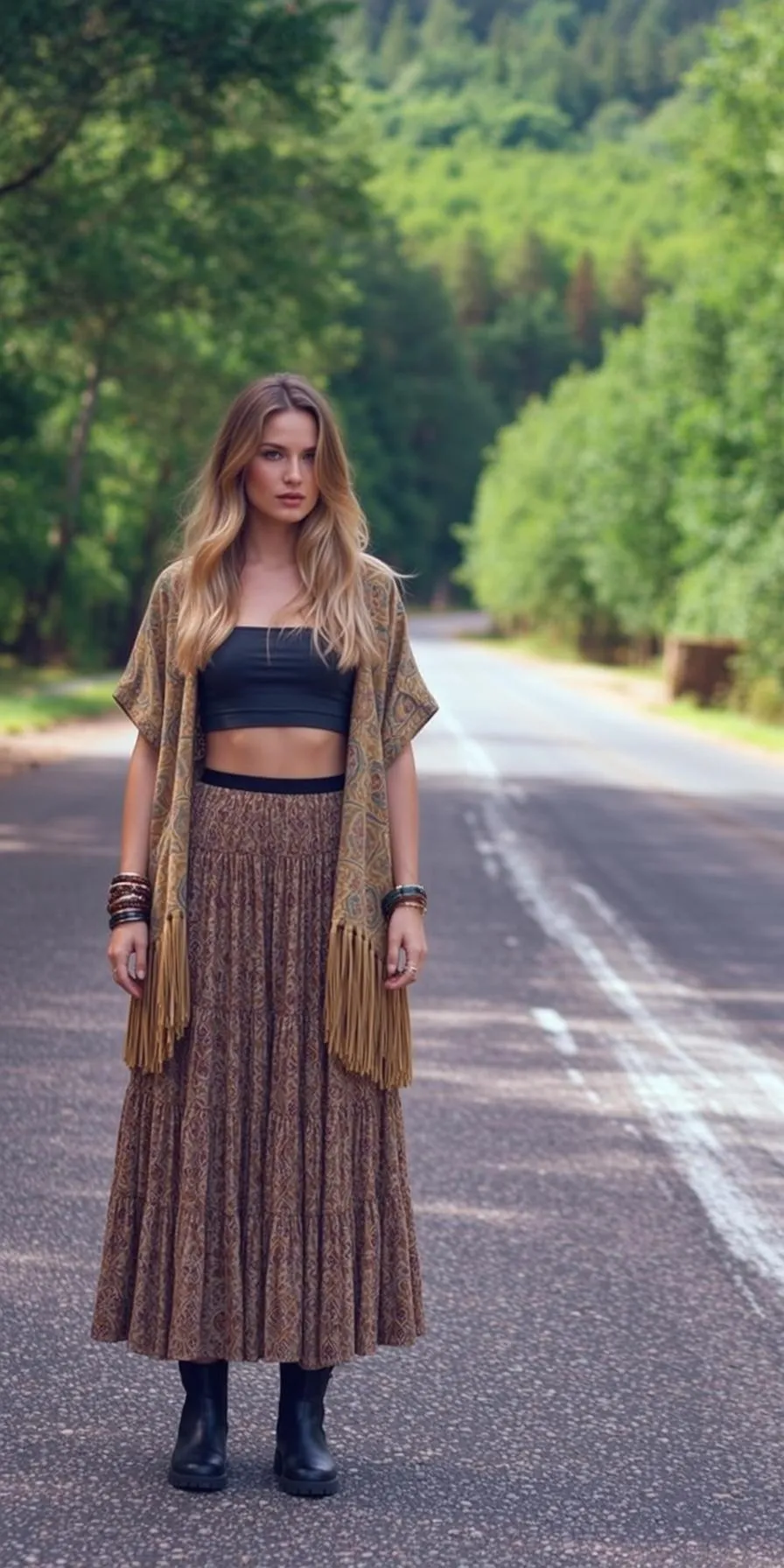 Bracelets And Rings With A Brown Kimono Skirt