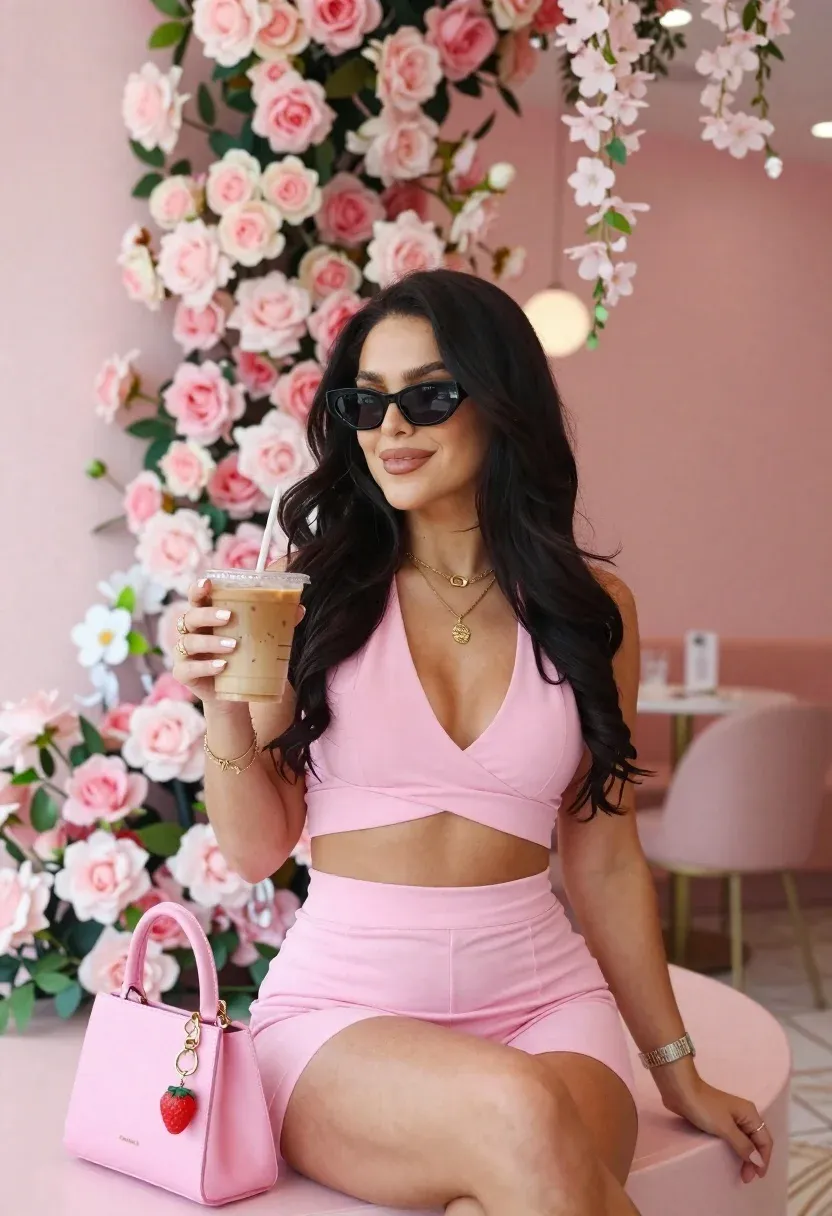 Stylish Woman With Long Dark Wavy Hair Sits Smiling Pink-themed