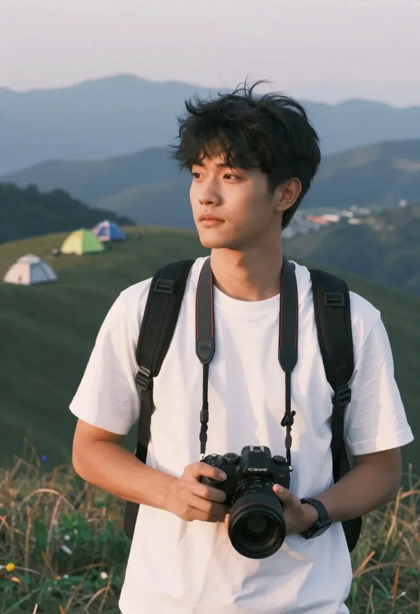 Man Stands Mountainous Landscape Holding Camera With Large Lens Subject