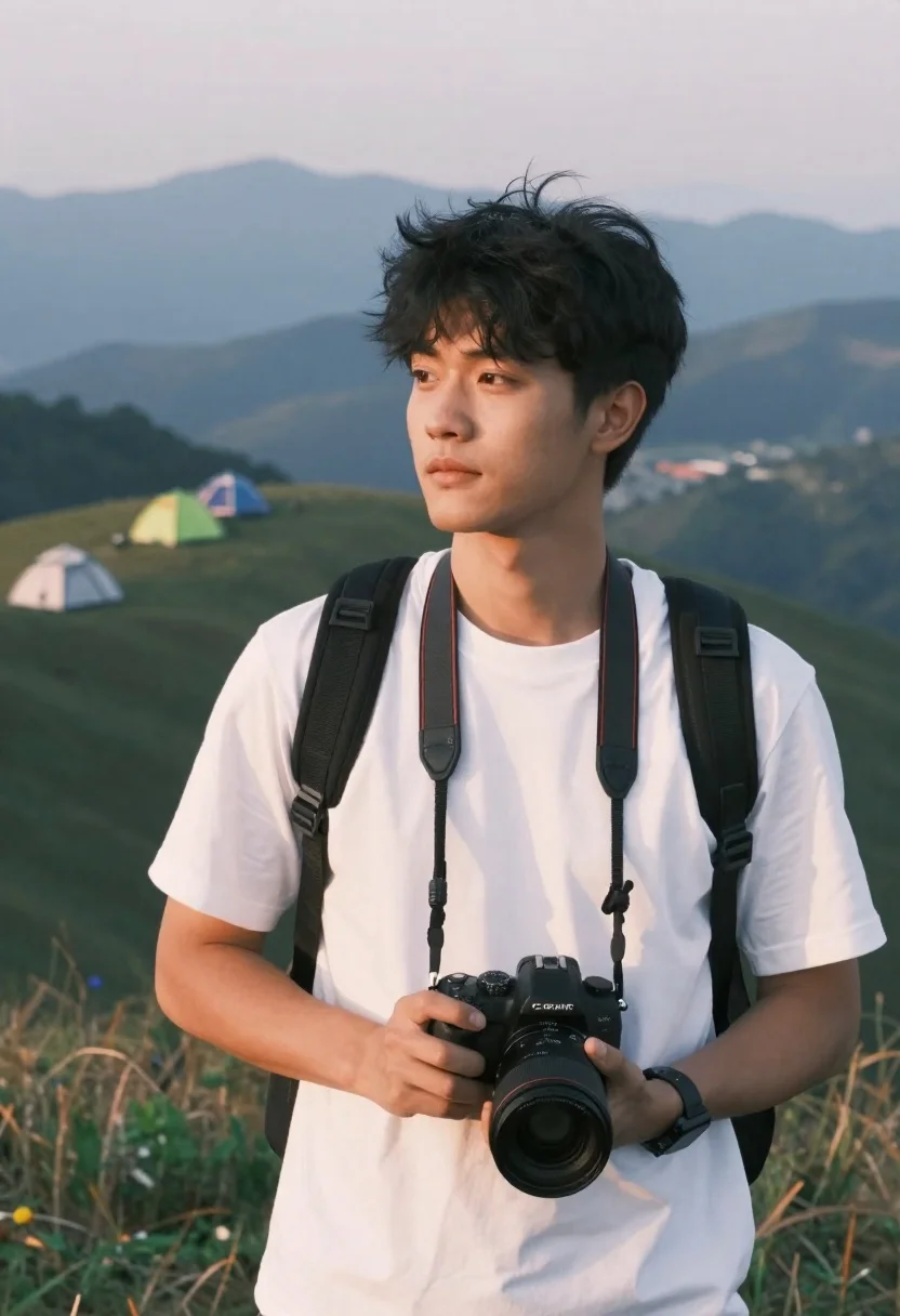 Man Stands Mountainous Landscape Holding Camera With Large Lens Subject