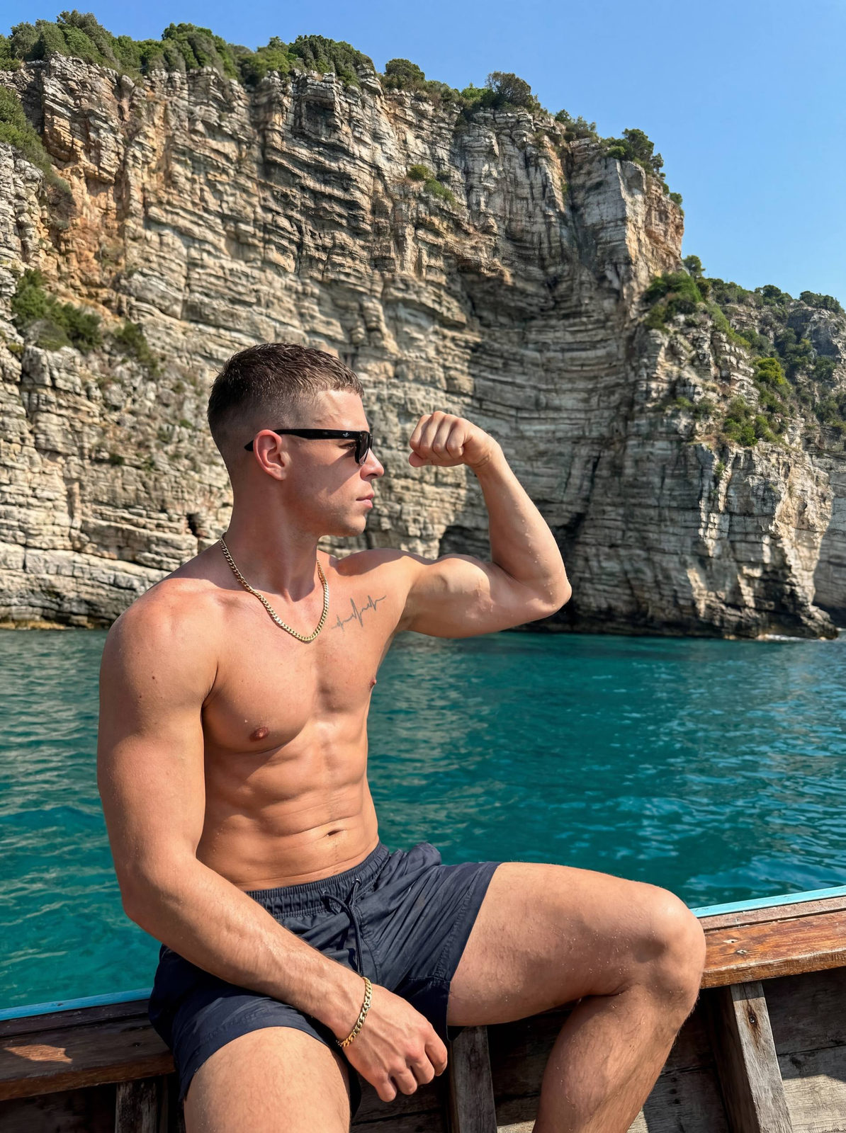 Boat Looking At Cliff Dark Shorts Gold Chain