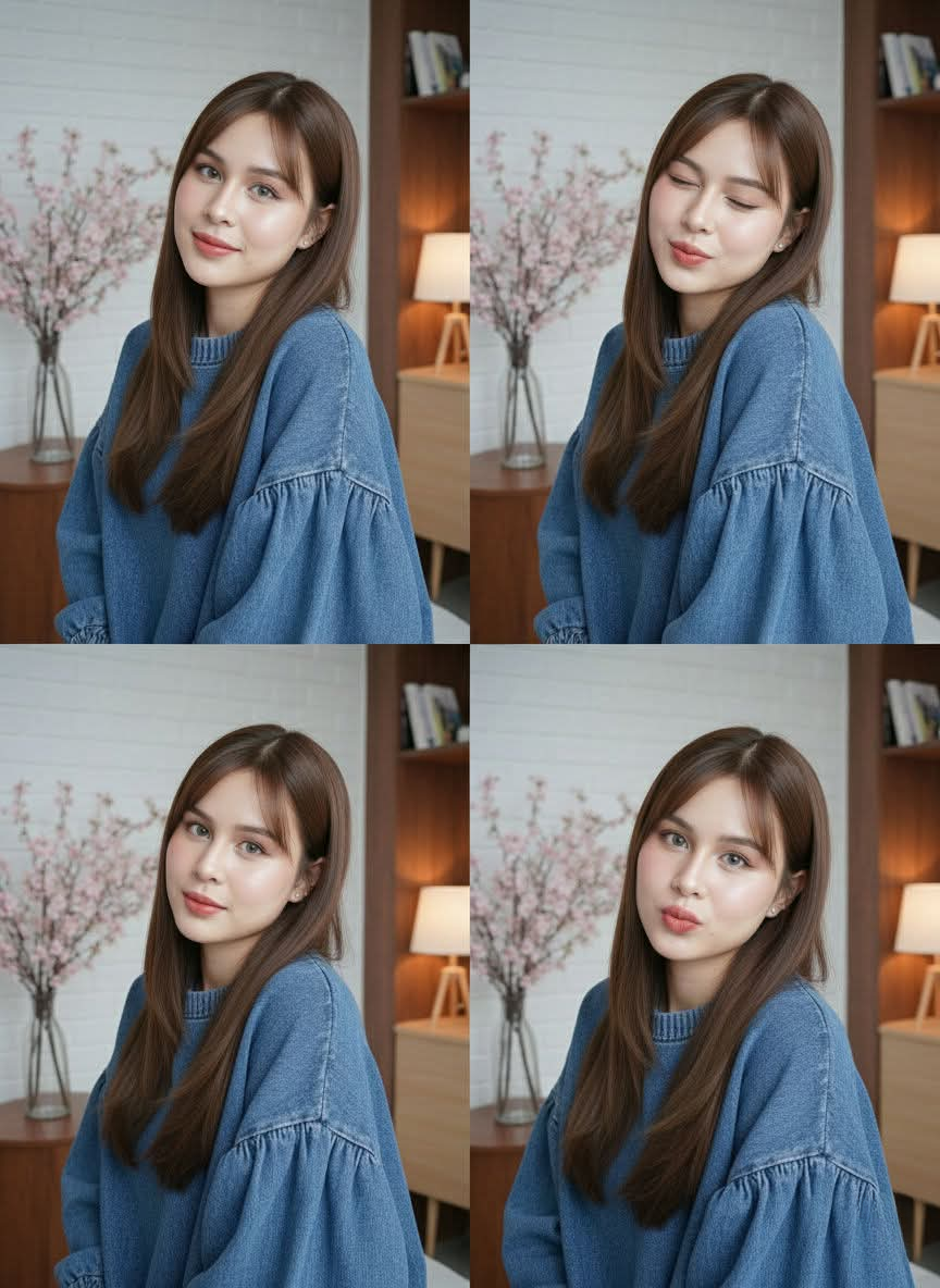A young woman with bright glowing skin and long brown hair wearing a denim sweater, smiling softly in a cozy indoor setting.