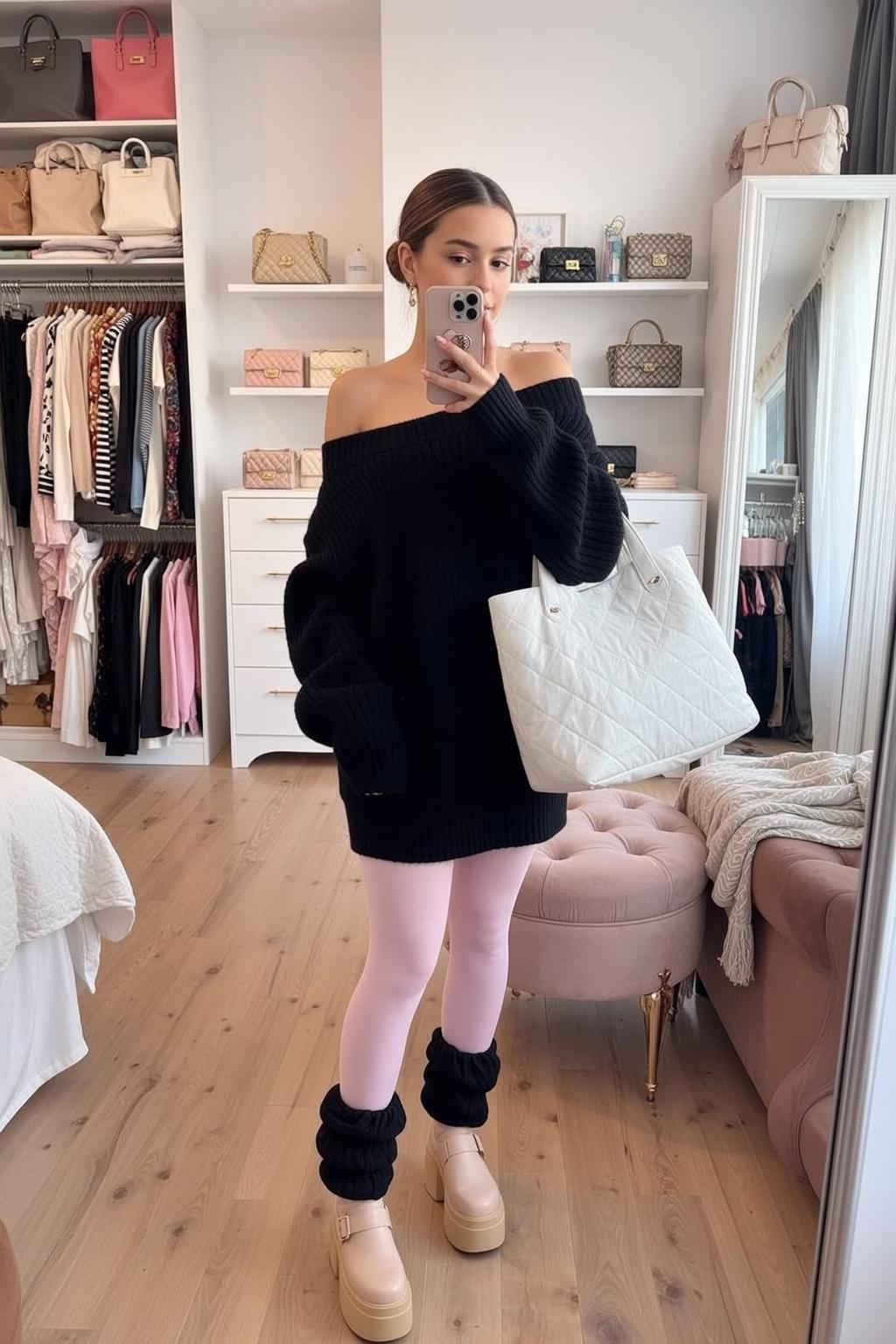 Balletcore Stands Facing Holding Smartphone Her Right