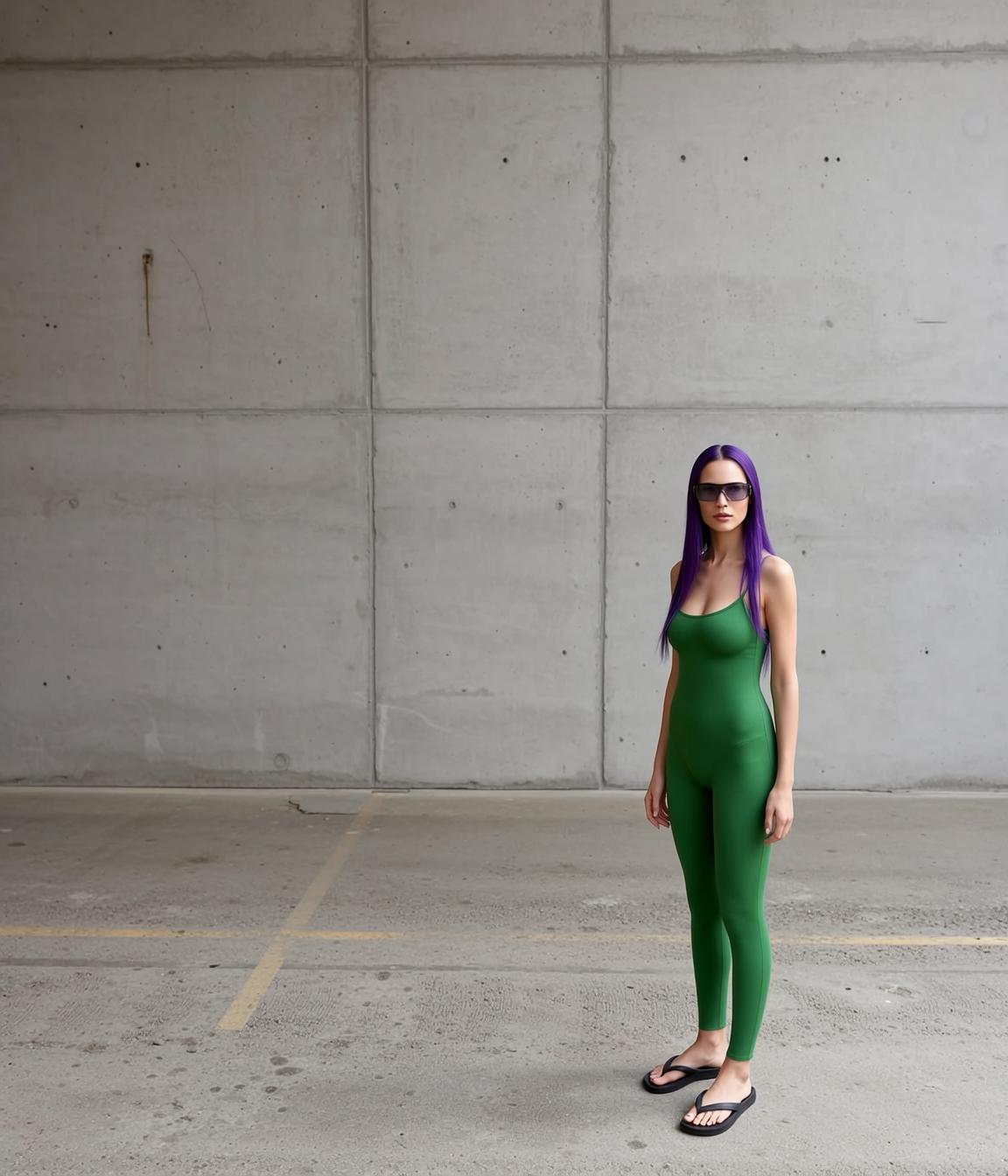 Green Bodysuit in Concrete Underpass