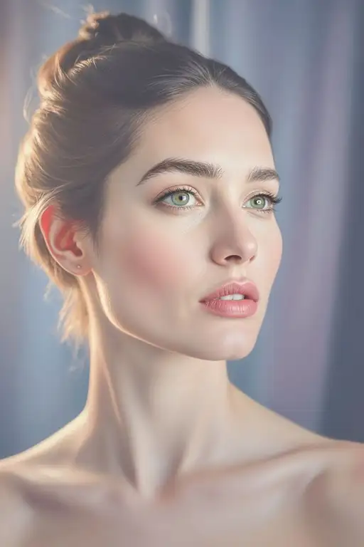 Close-up portrait of a supermodel with glowing complexion, wearing a navy blue silk backdrop, captured in dramatic cinematic style.
