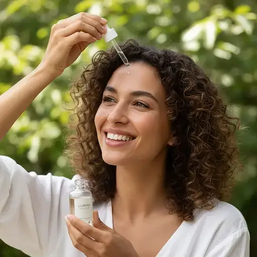 Smiling Woman Applying Hair Serum With Dropper Soft Daylight Natural