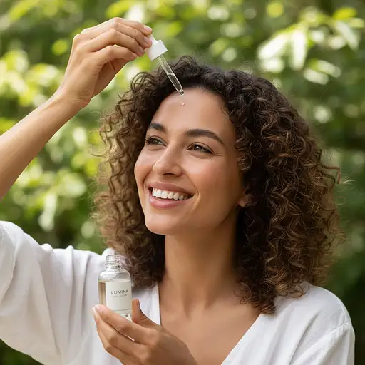 Smiling Woman Applying Hair Serum With Dropper Soft Daylight Natural