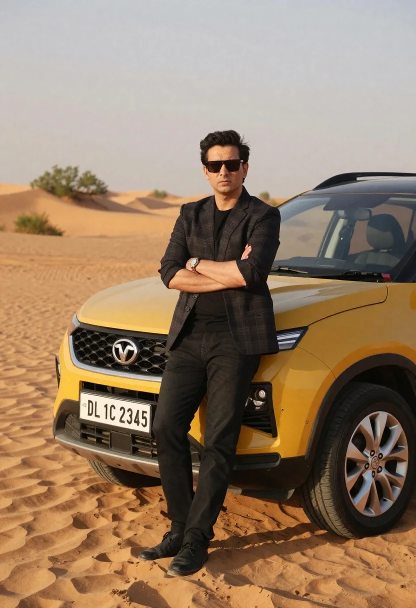 Confident Man Stands With Arms Crossed Front Yellow Suv Parked