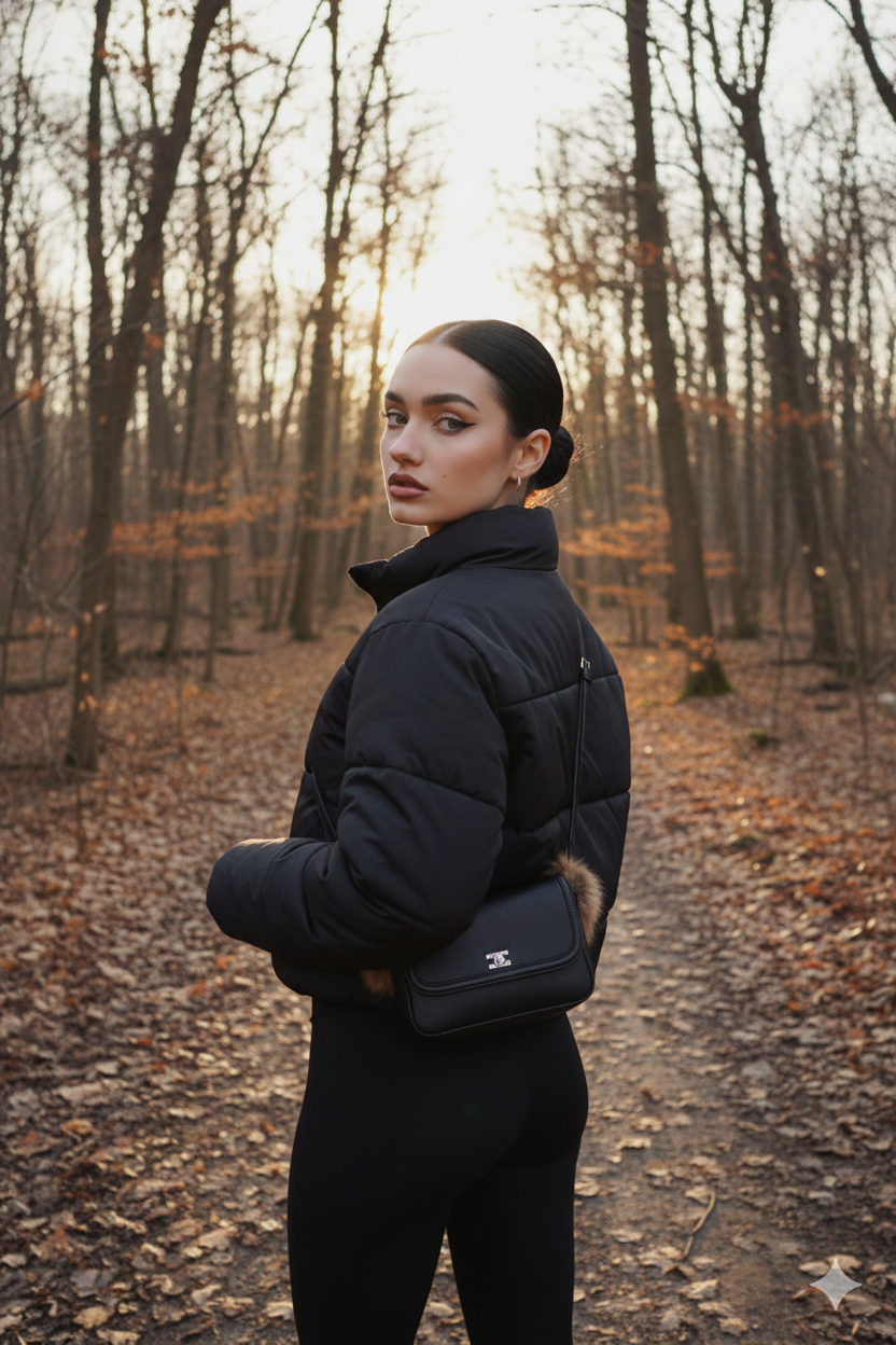 A confident woman stands on a narrow forest path, her back to the camera, surrounded by bare trees with low sun illuminating her features.