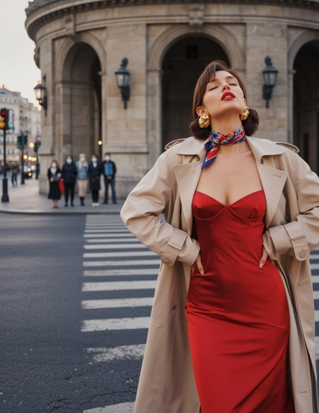 Red Satin Dress City Street Serene Pose