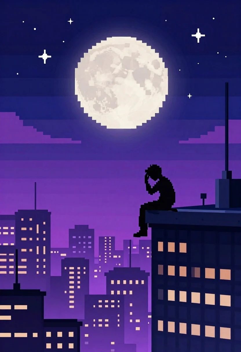 Pixel Art Illustration Lone Figure Sitting The Edge Skyscraper Against reference photo