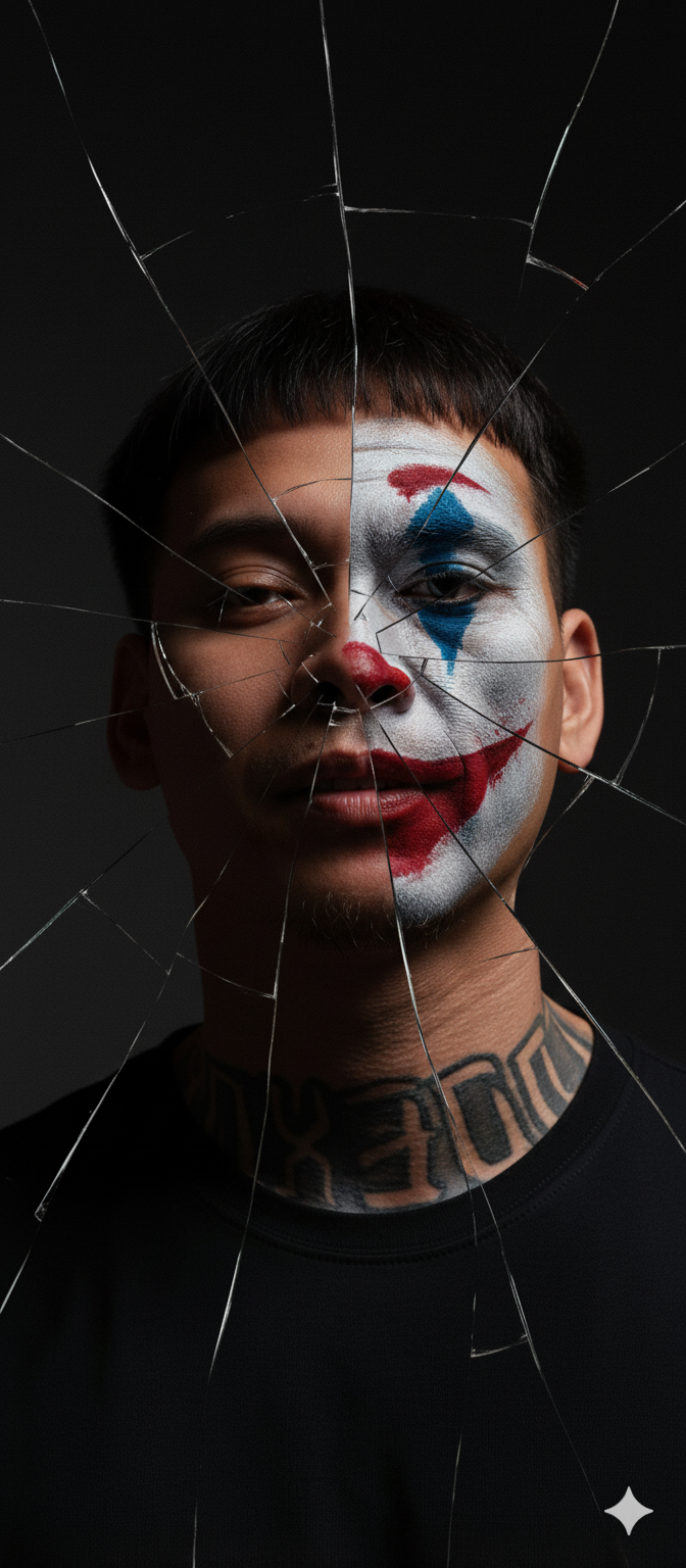 Close-up portrait of a man as Arthur Fleck, one side un-jokered with a somber expression, the other showing smeared Joker makeup and fractured glass.