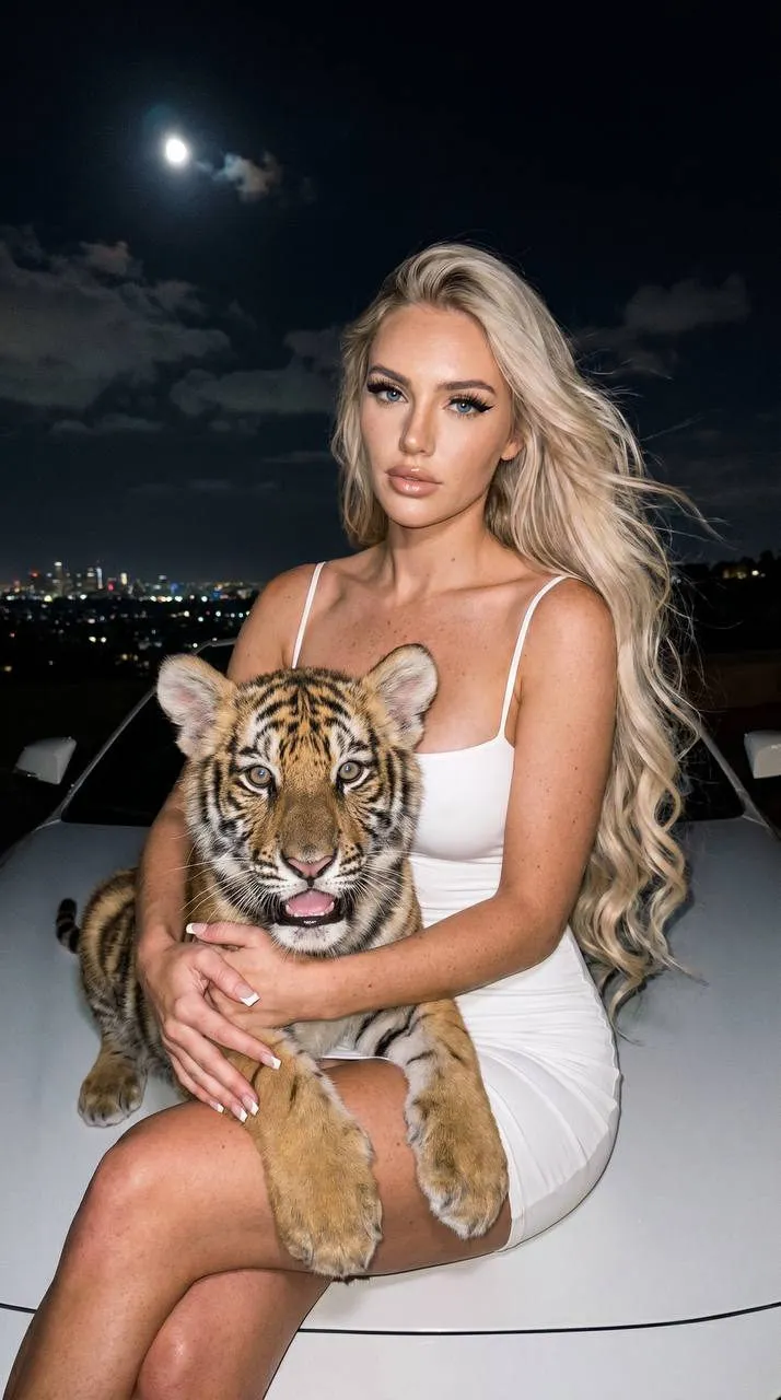 Girl With Tiger On White Car Night City Lights