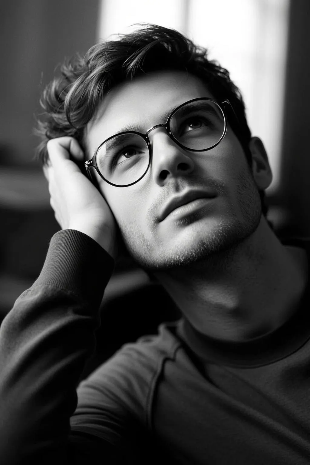 Black And White Medium Shot Portrait Young Man With Wavy