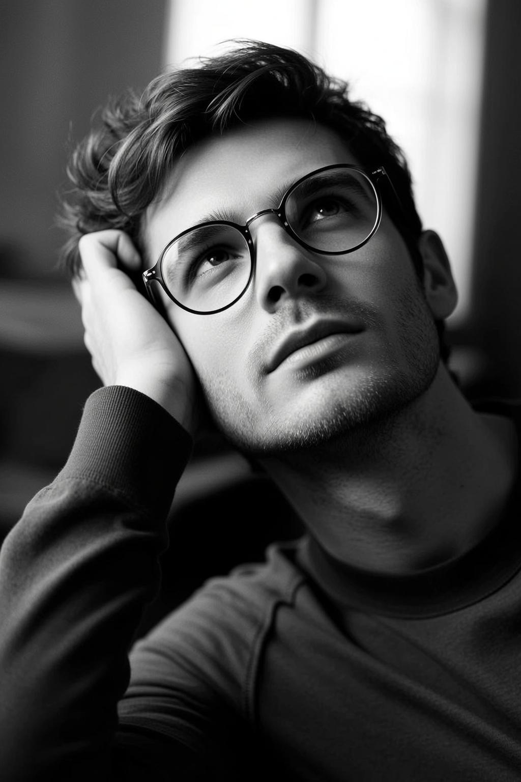 Black And White Medium Shot Portrait Young Man With Wavy