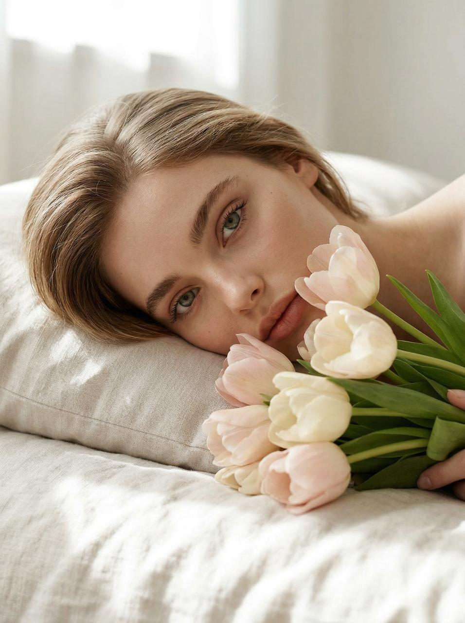 A serene beauty portrait of a woman with tulips, showcasing her natural skin texture and pastel-themed background.