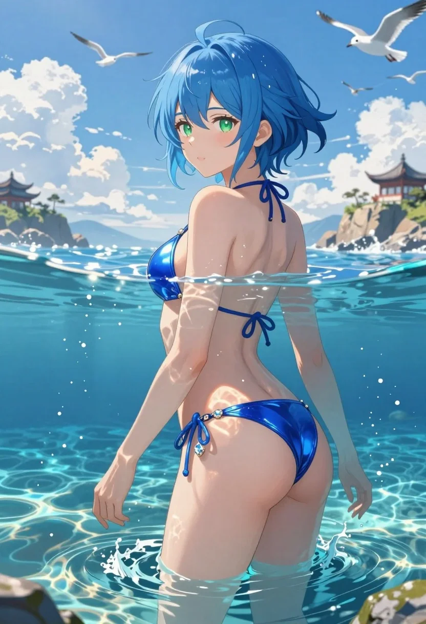 Stunning Anime-style Woman With Vibrant Blue Hair Stands Waist-deep Crystal-clear