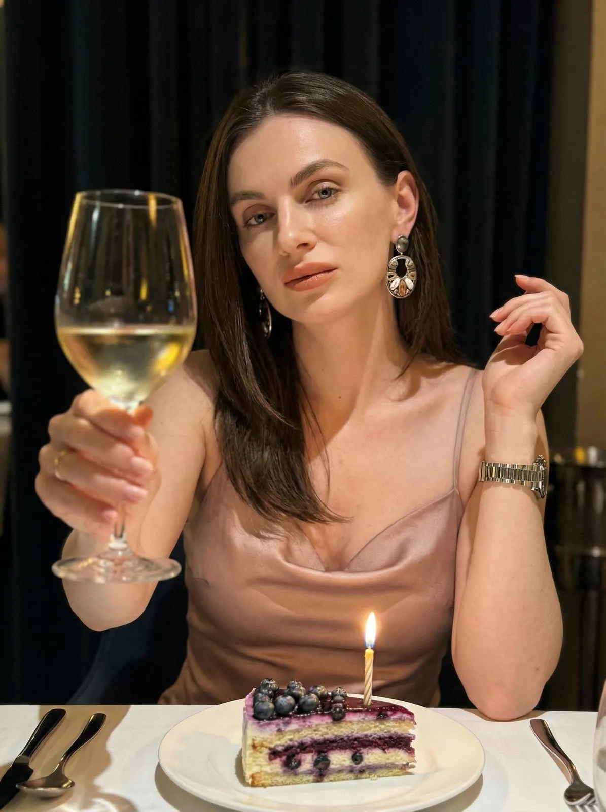 Realistic Woman Restaurant Wine Cake Evening