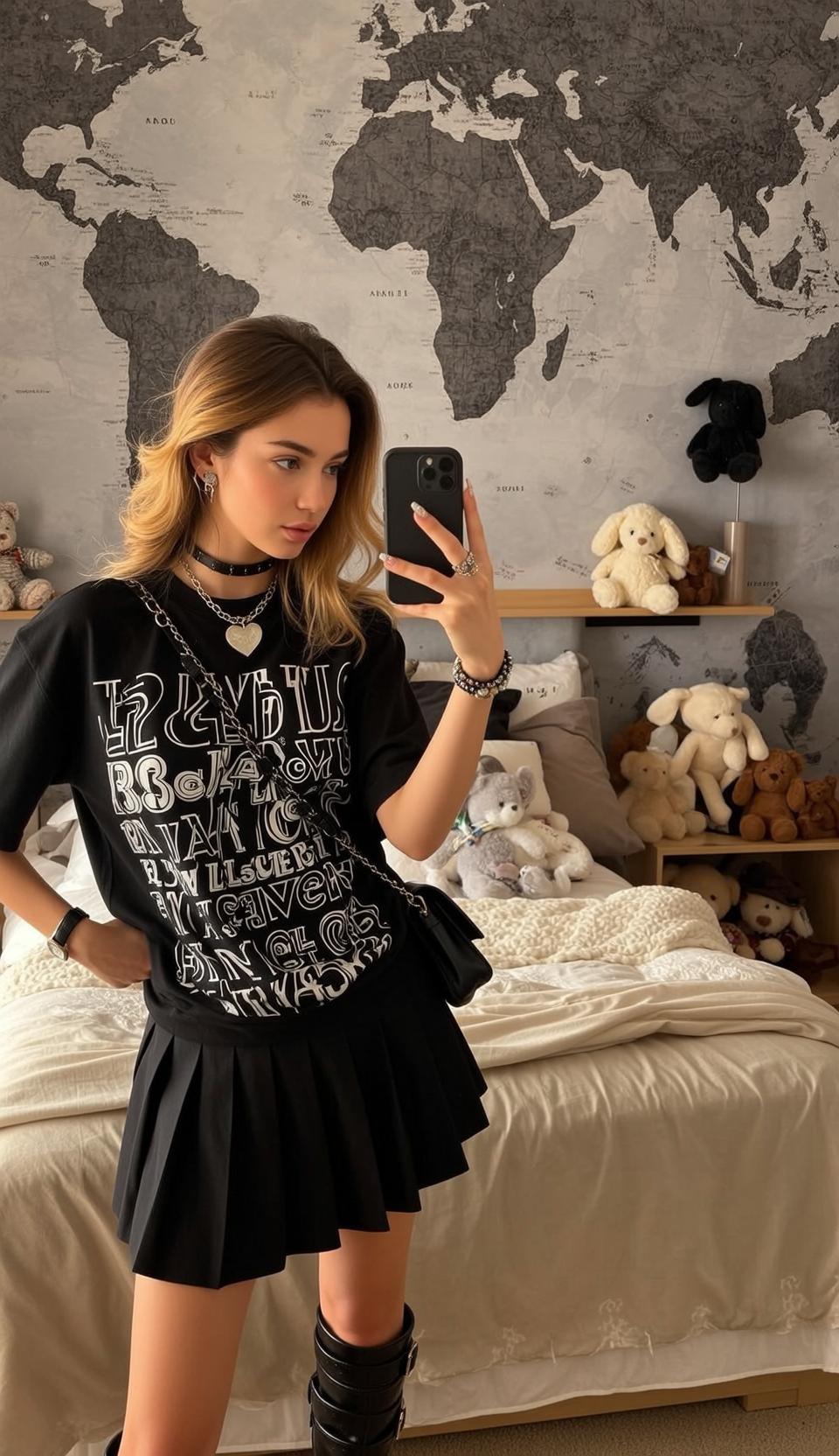 Black Tee Pleated Skirt Boots
