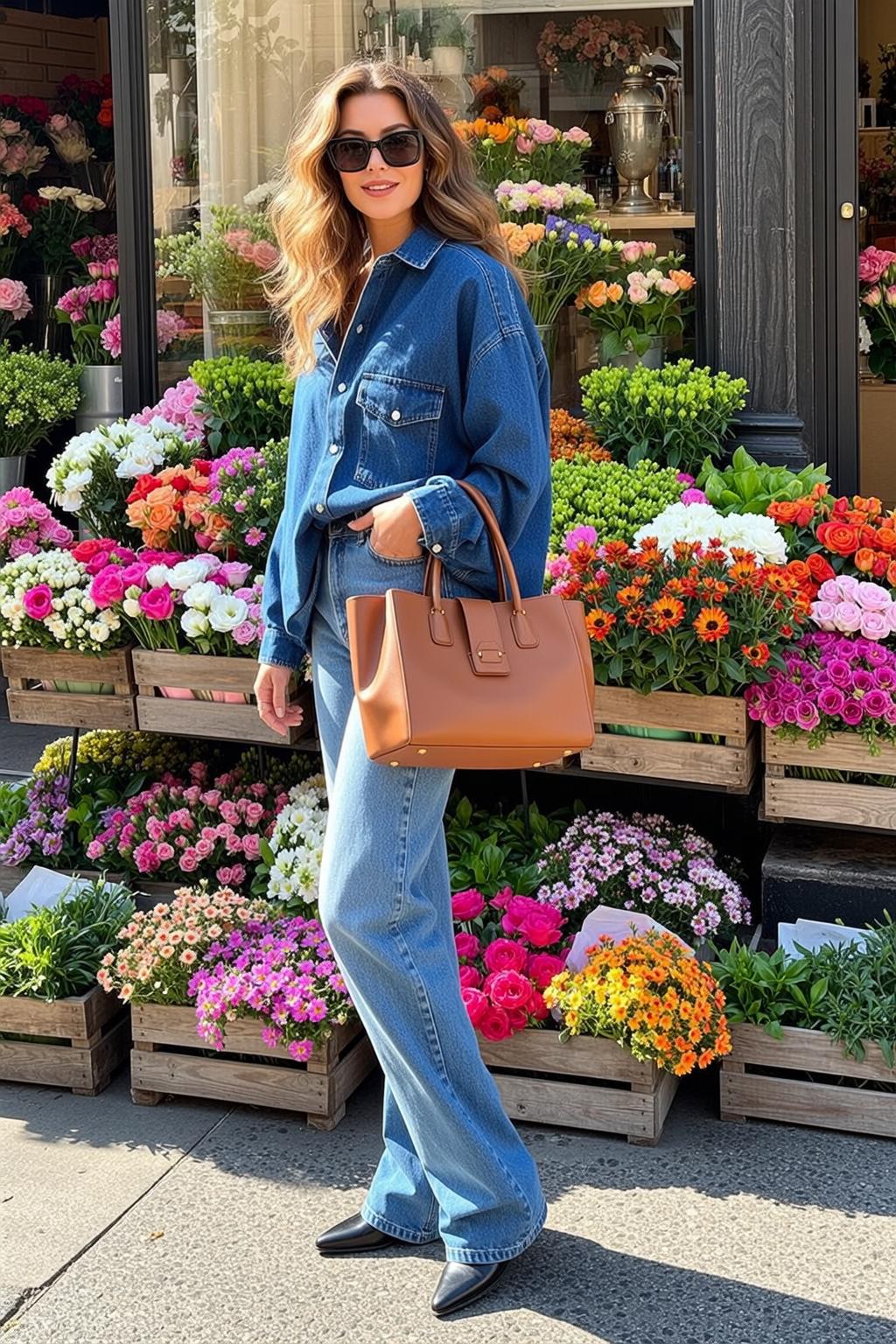 Casual Long Wavy Blonde Fair Denim Shirt