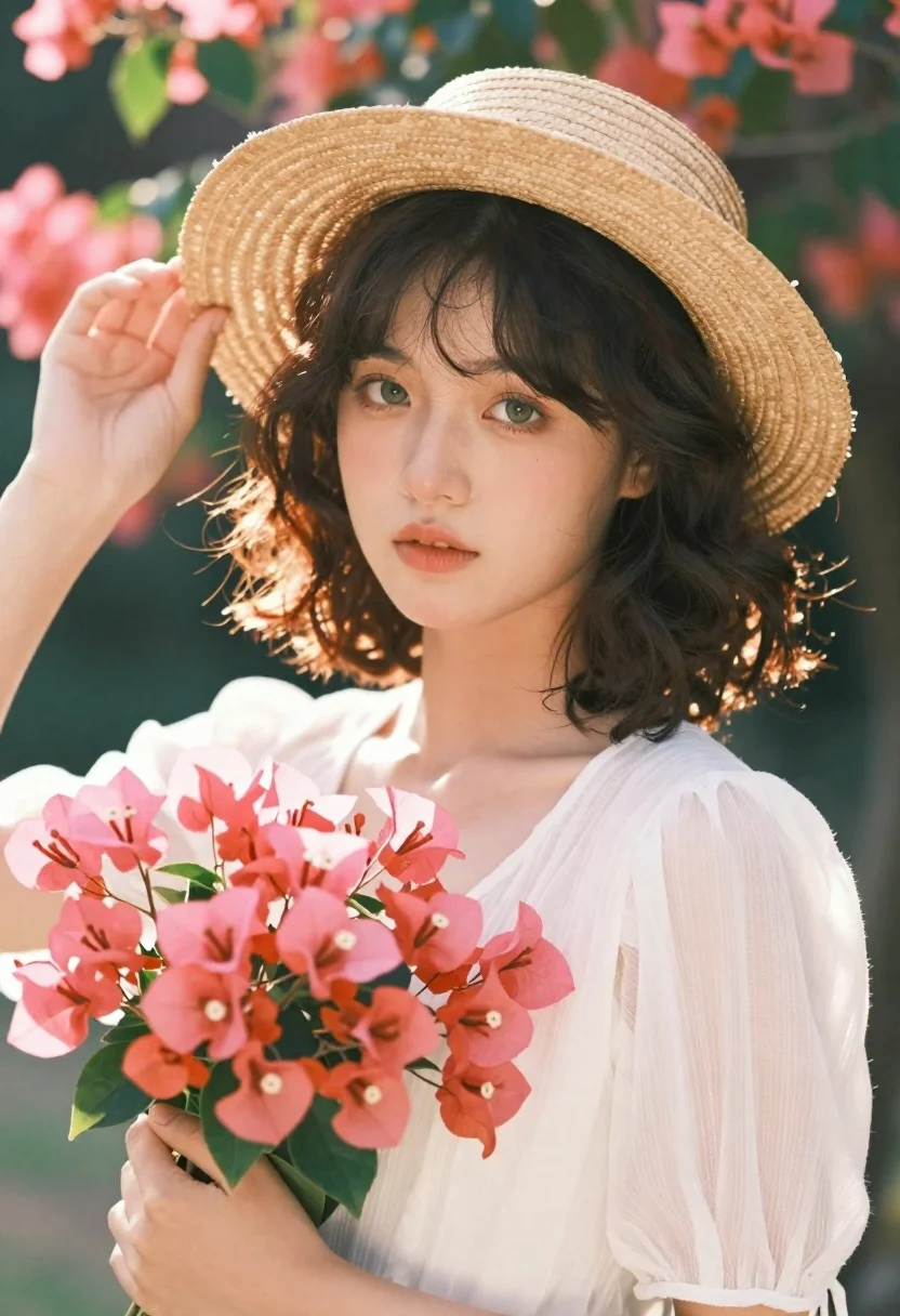Portrait Young Woman With Dark Wavy Hair Holding Bouquet Pink