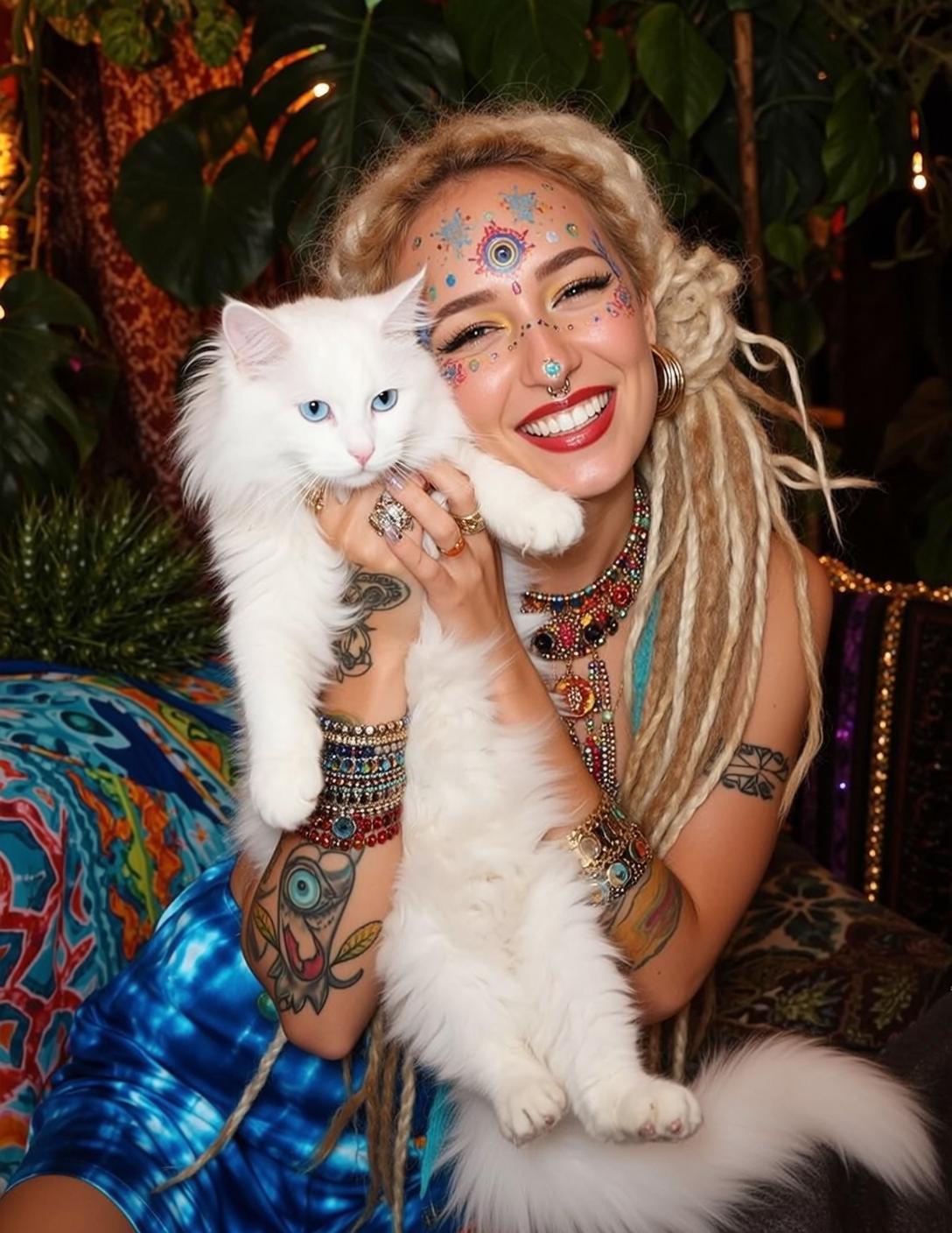 Blonde Dreadlocks Woman Colorful Face Paint White Cat Bohemian Tapestry
