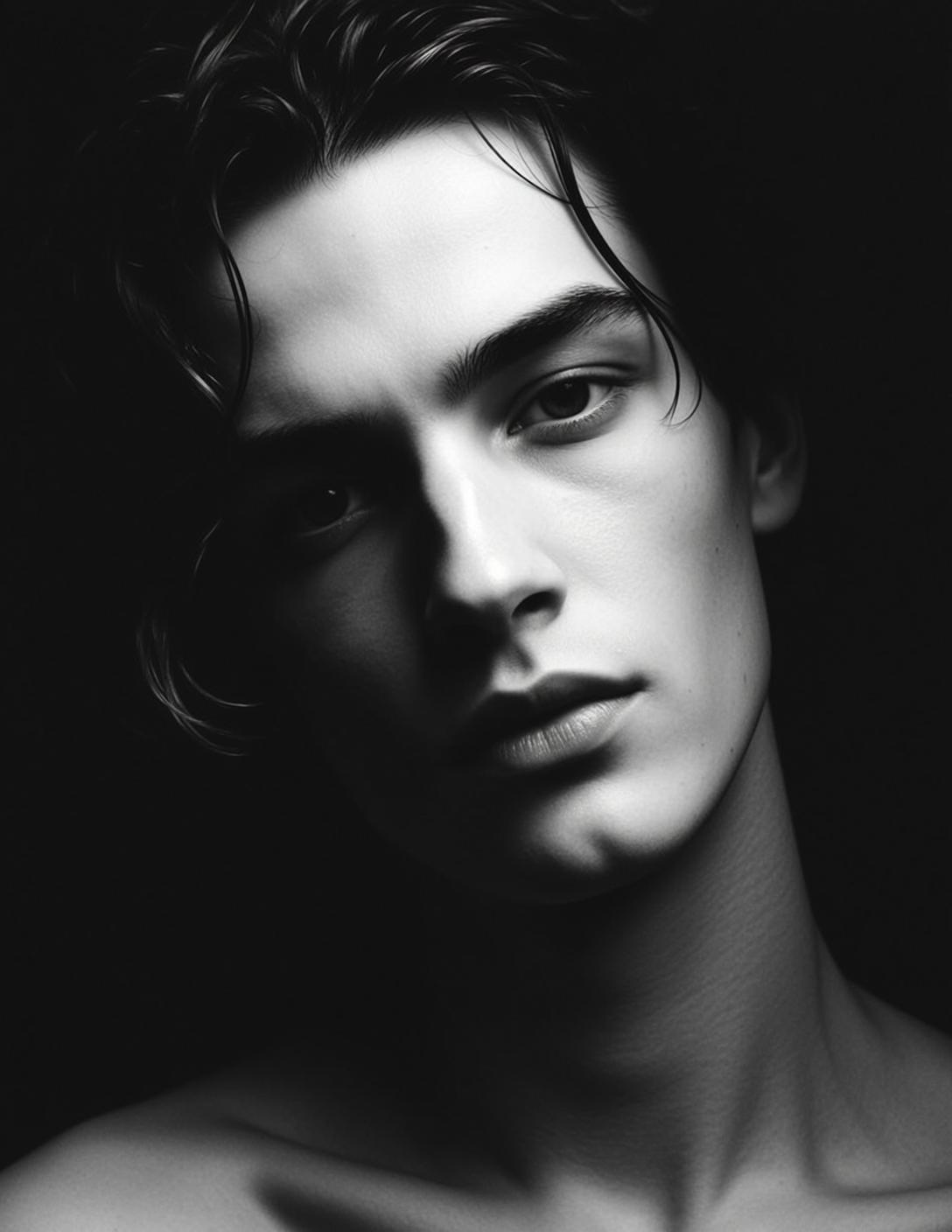 Photorealistic Black And White Close-up Portrait Young Man Oriented Vertically