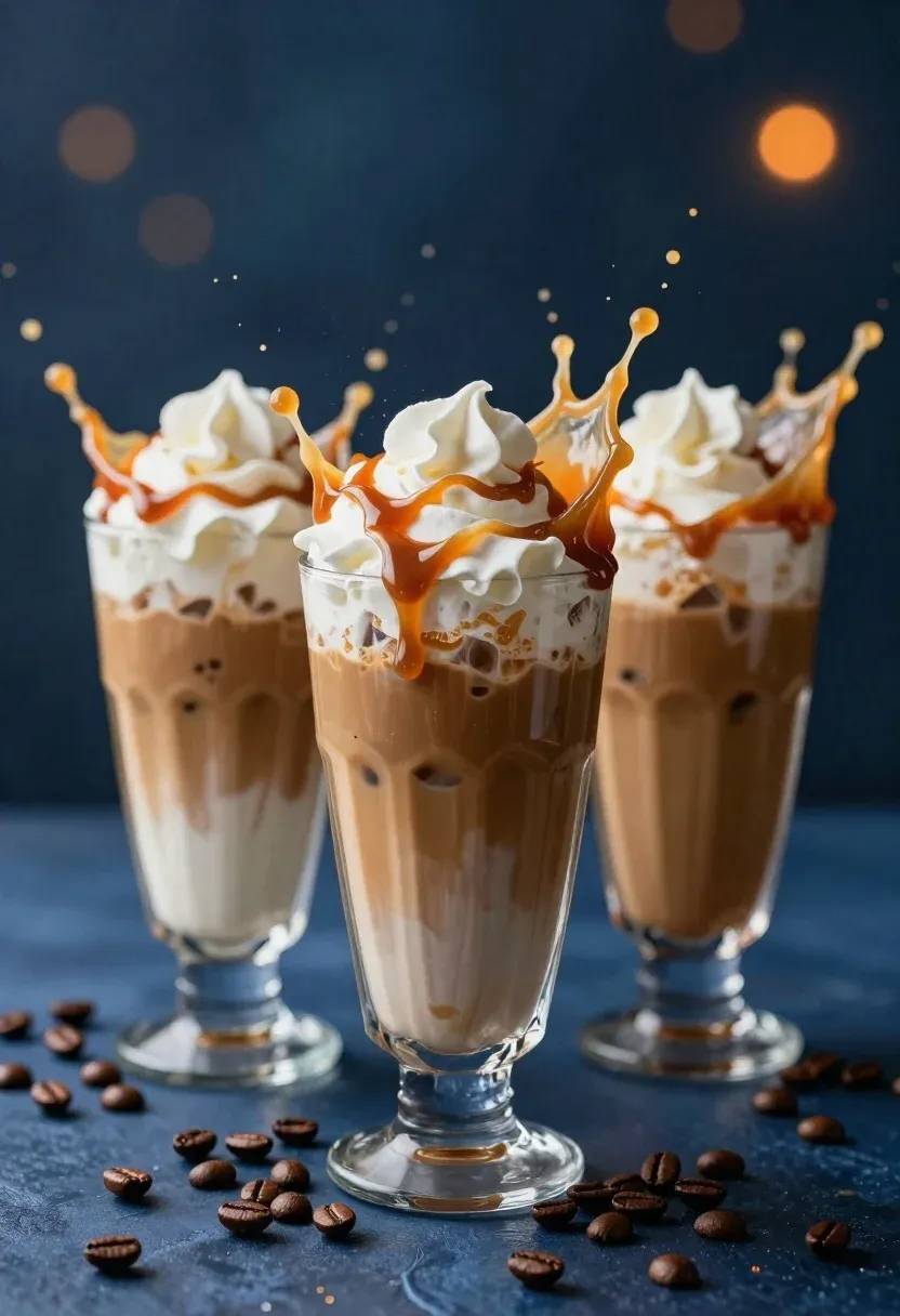 Three Tall Glasses Iced Coffee With Whipped Cream And Caramel