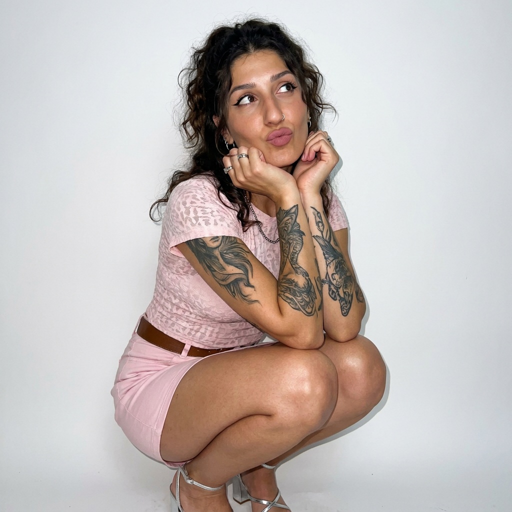 A playful woman crouching with voluminous curls, wearing a light pink patterned top and smiling cheekily.