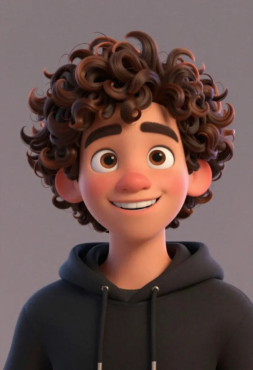 Close-up Portrait Cheerful Young Man With Voluminous Curly Brown Hair