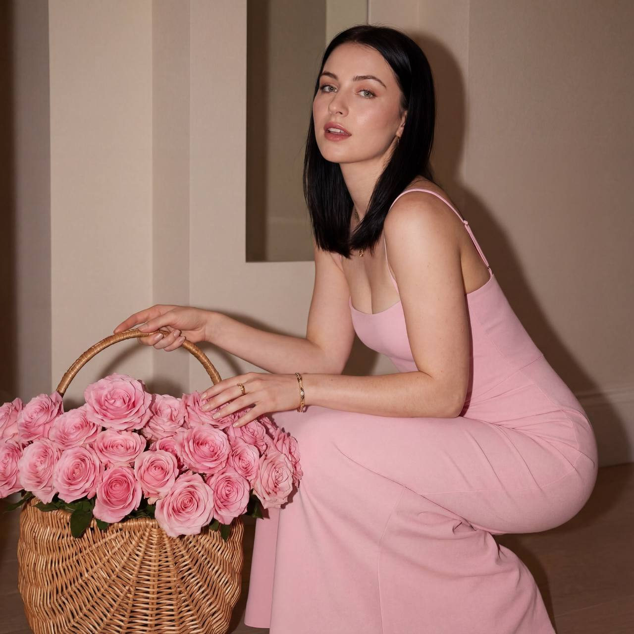 Woman in a pastel dress kneeling beside a basket of pink roses, showcasing a confident gaze and delicate jewelry.