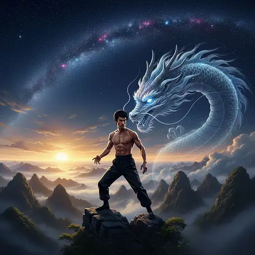 Bruce Lee in a dynamic Jeet Kune Do stance atop a misty peak, with a cosmic dragon whispering in his ear under a vibrant sky.