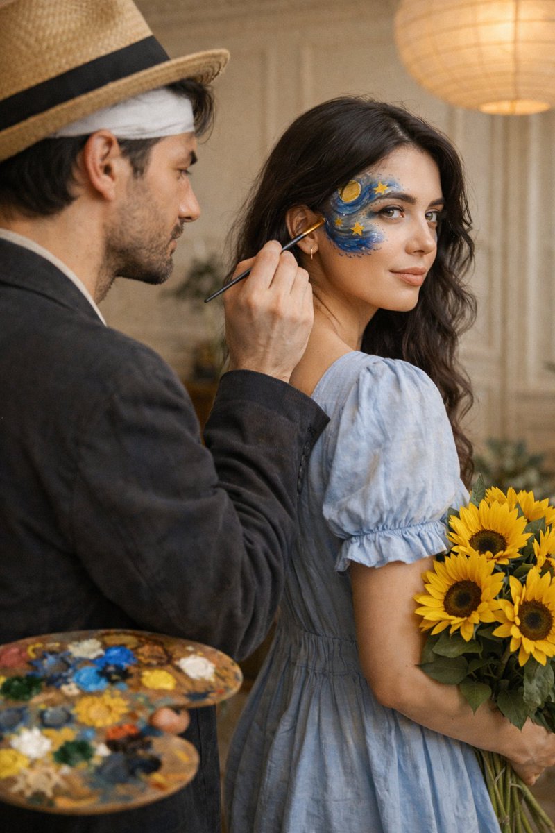 Couple portrait featuring a person in a vintage dress with face paint, holding sunflowers in a cozy apartment.