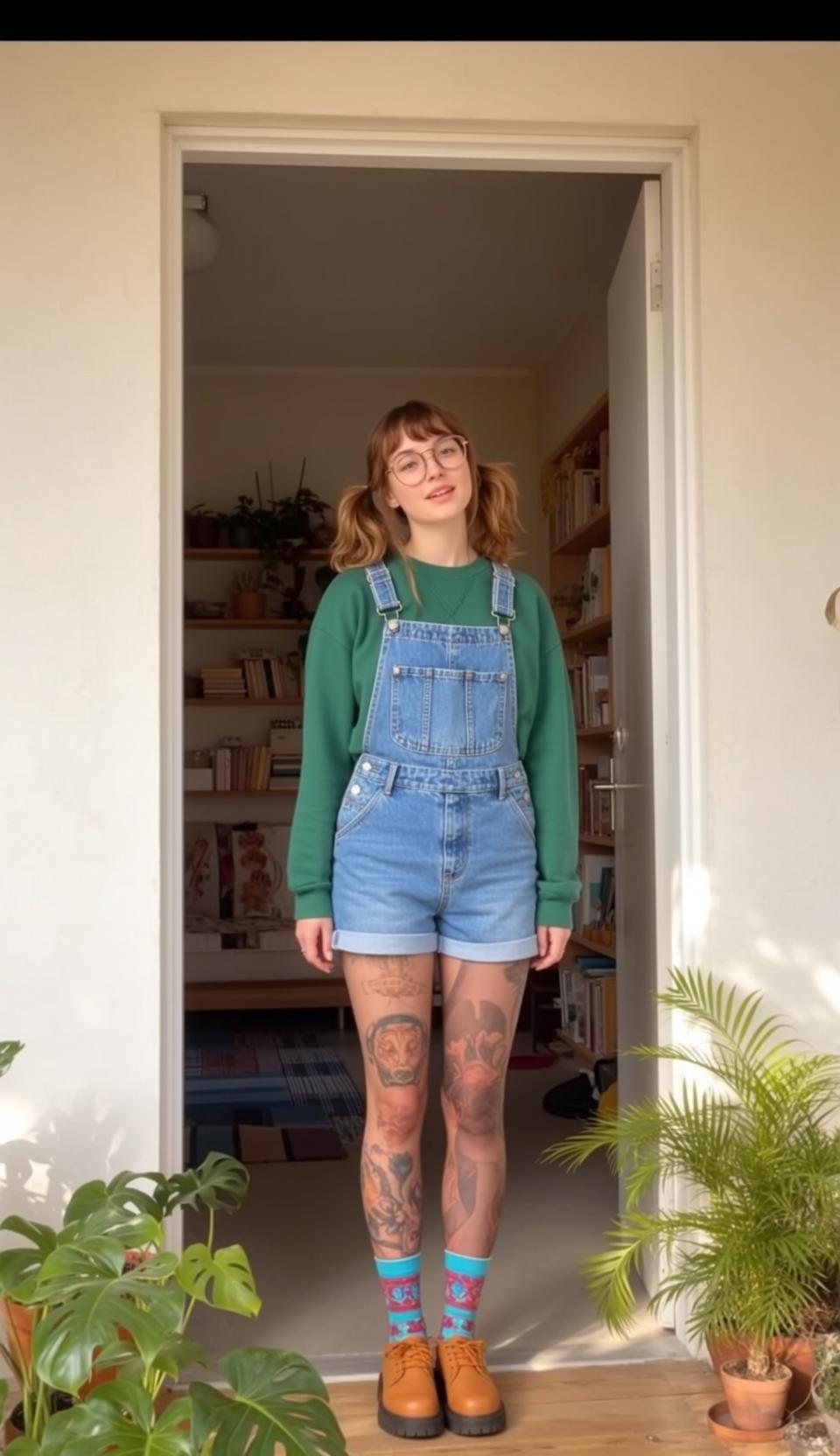 Doorway Green Sweatshirt Denim Overalls Round Glasses