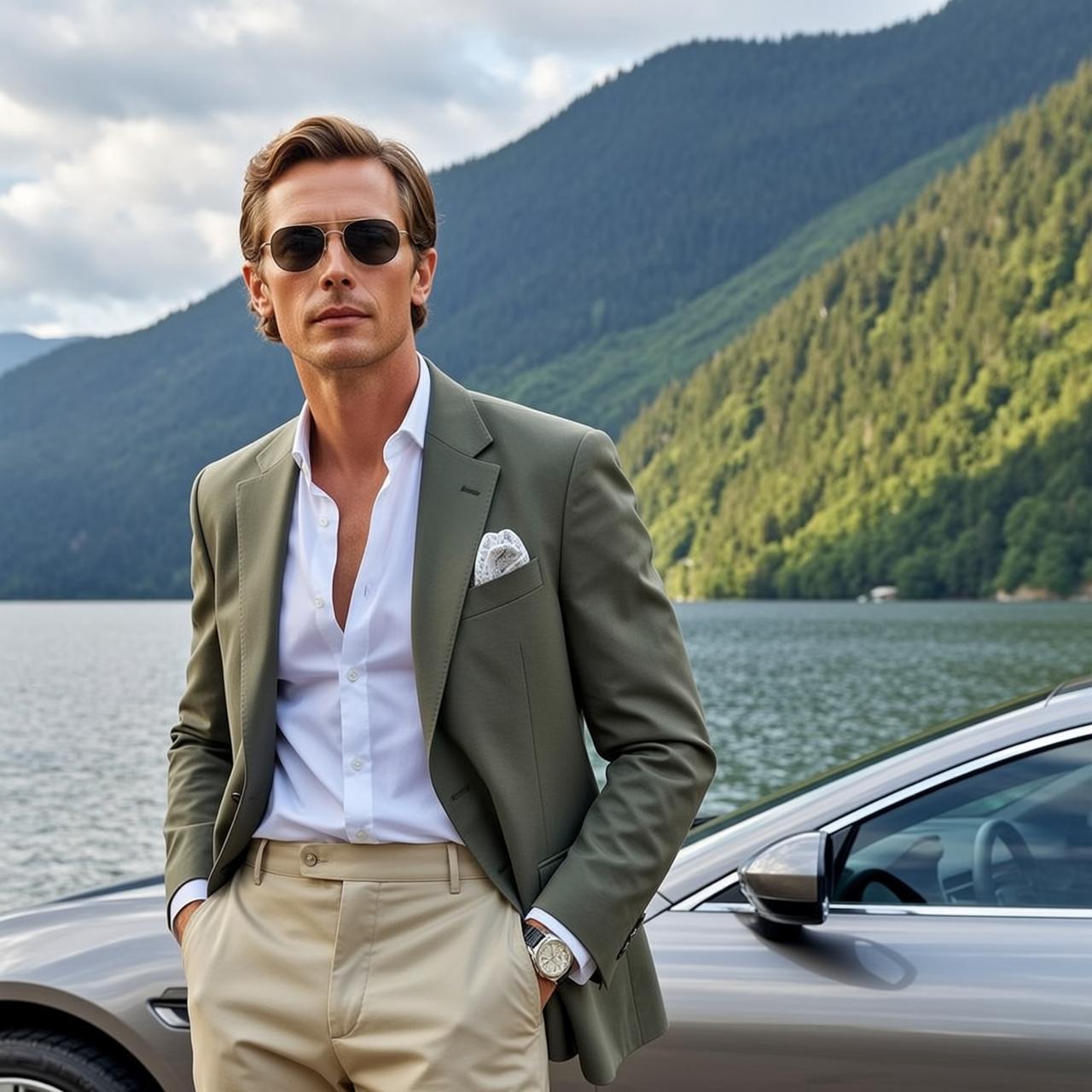 Brown Styled Tan White Dress Shirt Unbuttoned