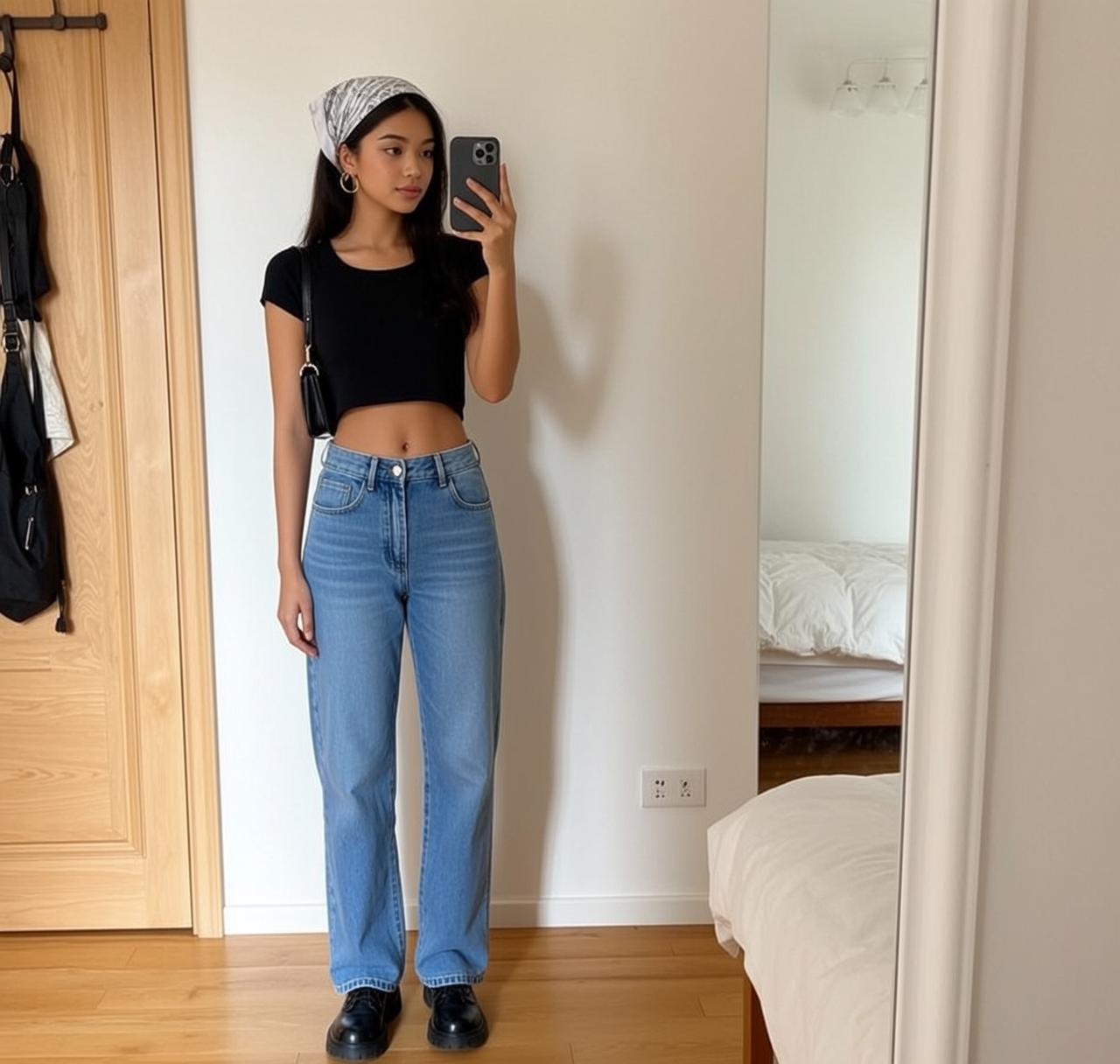 Black Crop Top Straight Hair Mirror Selfie