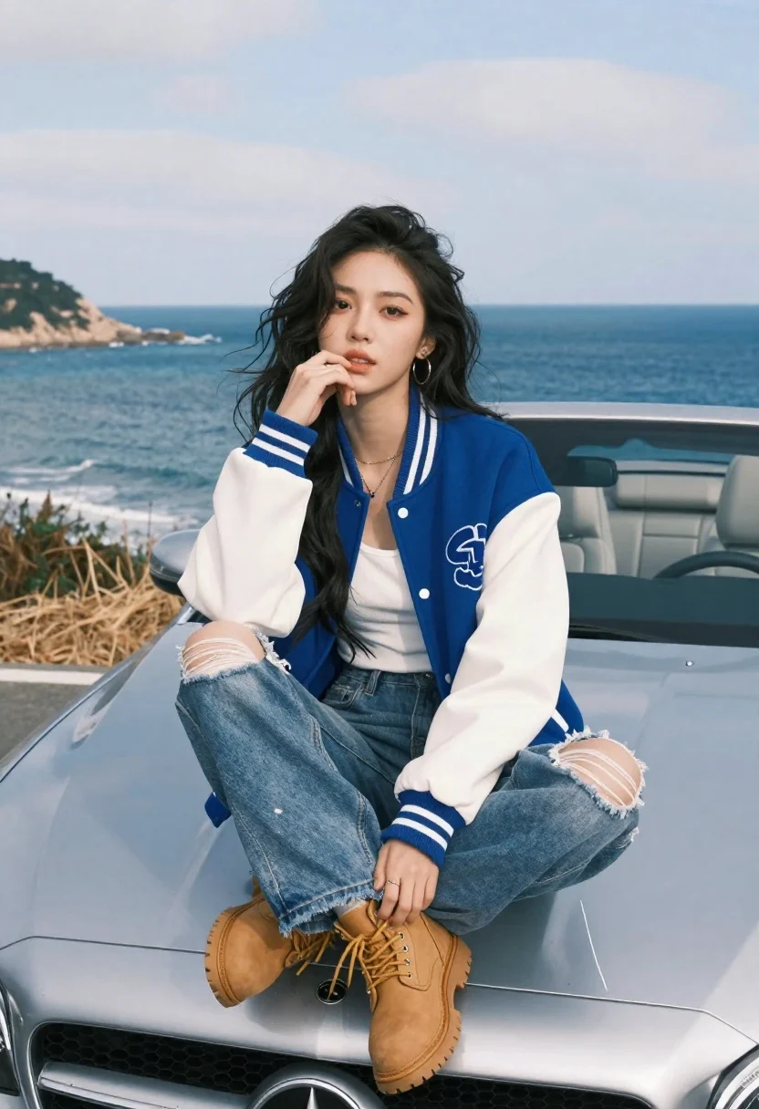 Medium And Scene Photorealistic Portrait Young Woman Sitting The Hood reference photo