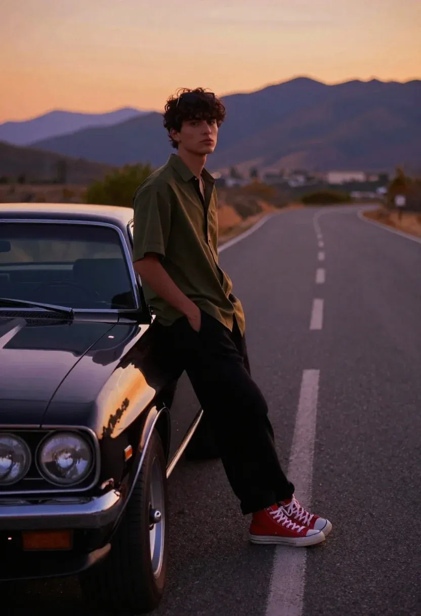 Young Man Leans Casually Against Classic Black Muscle Car Empty
