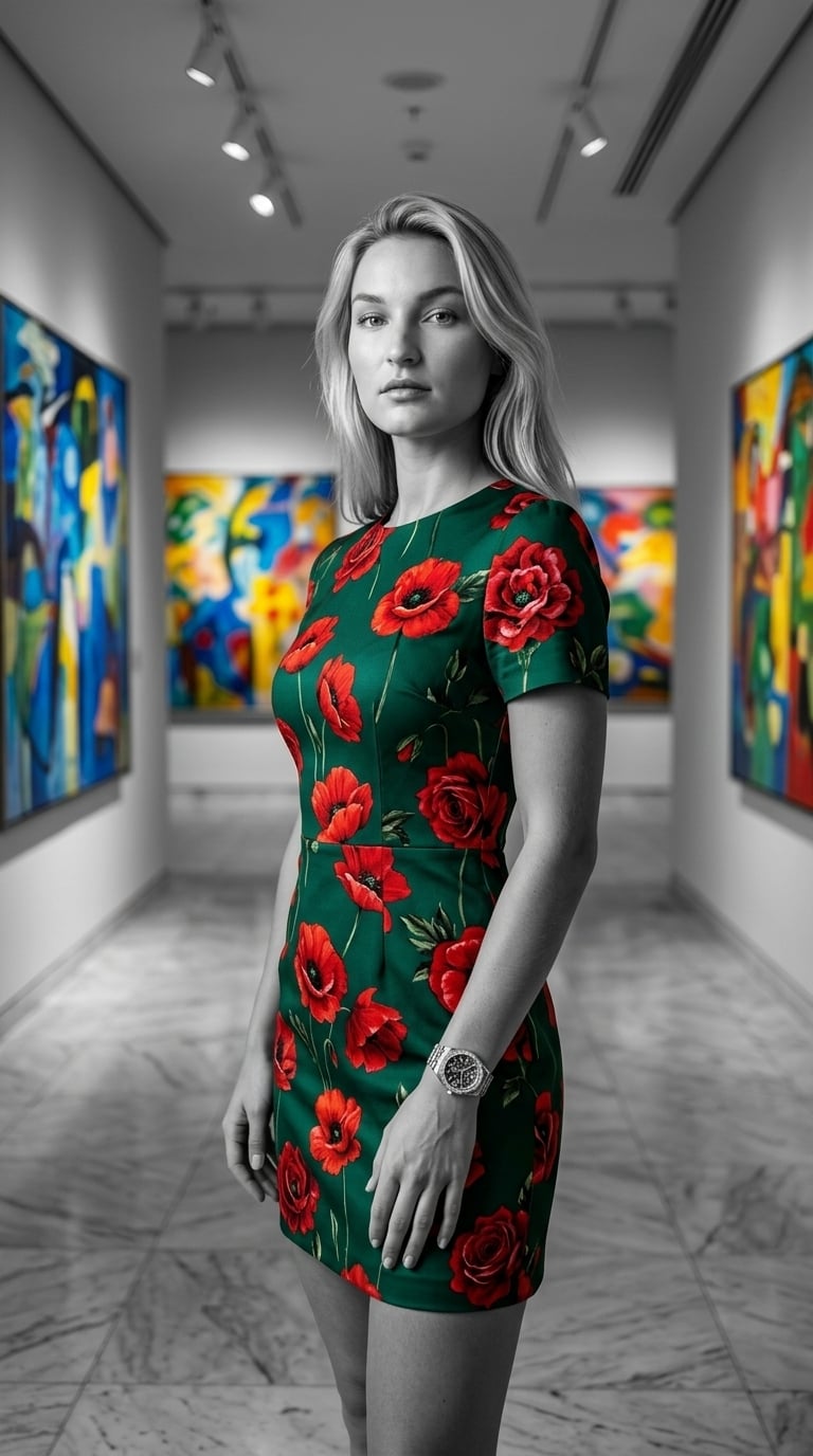Museum Gallery Fashion Portrait Selective Color Dress