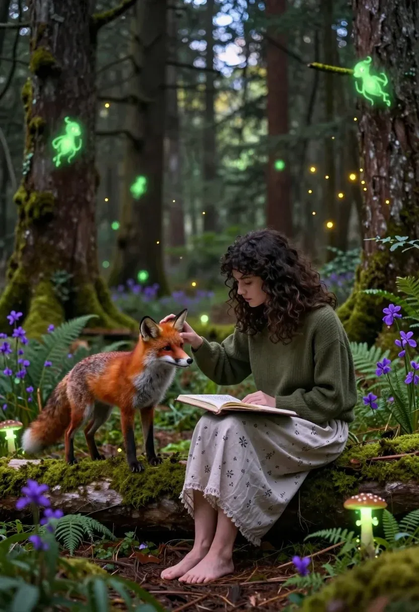 Young Woman Sits Barefoot Mossy Log Lush Forest Gently Petting