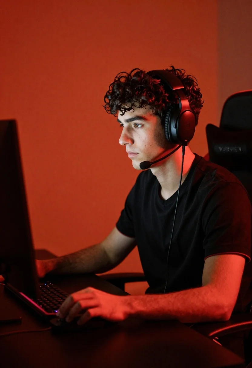 Young man with curly dark hair sitting at a desk, focused on a computer screen, illuminated by red ambient lighting.